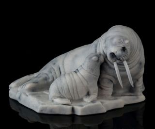 Walrus With Cub Marble Figurine Marine Animal Stone Statue Russian Art Sculpture