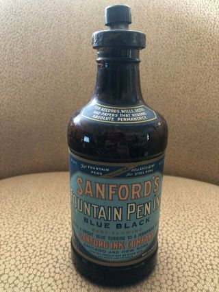 Antique Sanfords Fountain Pen Ink Library Paste Pint Amber Bottle & Pour Spout
