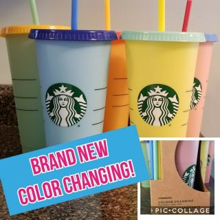Starbucks Reusable Color Changing Cold Cups 5 Pack With Straws & Lids 24oz.