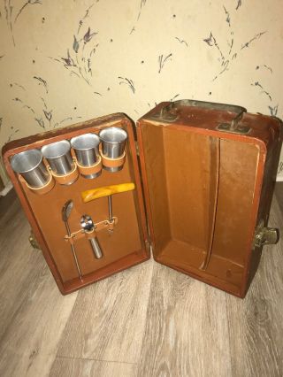 Vintage Travel 2 Bottle Bar Set Portable Liquor Brown Leather Like Hard Case