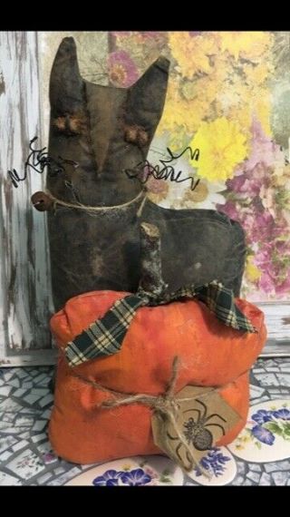 Cat And Pumpkin Primitive Folk Art Rustic Plush Decoration Doll Handmade Country
