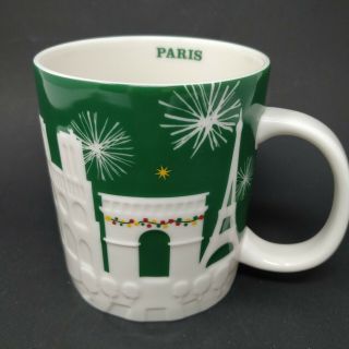 Starbucks 2015 Paris Christmas Green Embossed Mug Eiffel Tower 18 Oz Cup