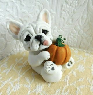 White French Bulldog Frenchie W/ Pumpkin Sculpture Dog Lover Handsculpted Ooak