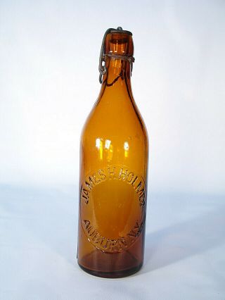 Auburn Ny Amber Color James Holmes Blob Top Soda Or Beer W/ Closure Bottle