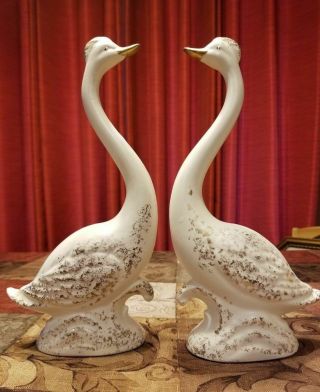 Vintage White Swans With Gold Trim 11 " Tall Figurine Statues