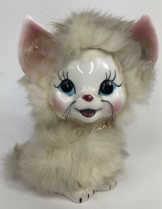 Vintage Japan Ceramic Porcelain Cat Kitty Mid Century Kitsch With Fur 6.  5 " Tall