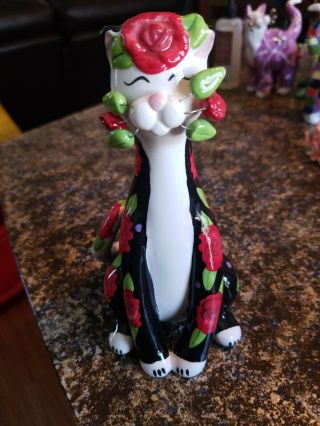 Whimsiclay Cat Figurine Vase 2005 86264 Black With Roses