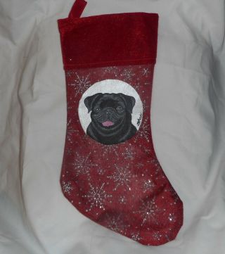 Black Pug Dog Hand Painted Christmas Stocking