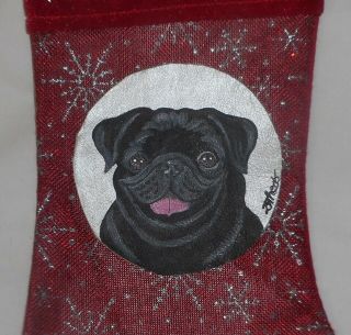 Black Pug Dog Hand Painted Christmas Stocking 2
