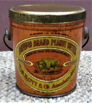 Antique Tin Litho Buffalo Brand 16 Oz Peanut Butter Tin Can Pail - Amesbury Mass