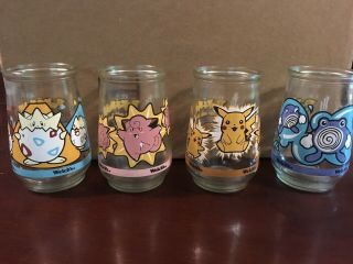 4 Pokemon Pikachu Poliwhirl Clefairy & Togepi Welchs Jelly Jar Glasses 1999