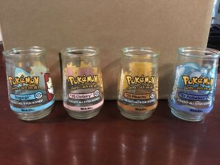 4 Pokemon Pikachu Poliwhirl Clefairy & Togepi Welchs Jelly Jar Glasses 1999 2