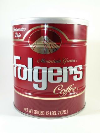 Vintage Folgers Mountain Grown Auto Drip Coffee Can,  Steel,  39oz,  Red Tin & Lid