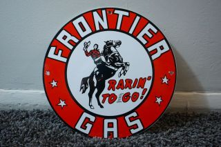 Vintage Frontier Gasoline Porcelain Sign Gas Oil Metal Station Pump Plate Cowboy