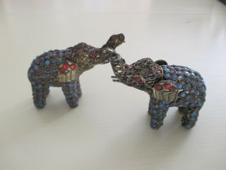Antique Brass/copper Elephant Pair (2) Beaded Turquoise/coral? Intricate Small