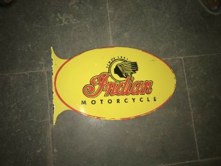 Porcelain Indian Motorcycle Enamel Sign 12 " X 20 " Inches Double Sided Flange