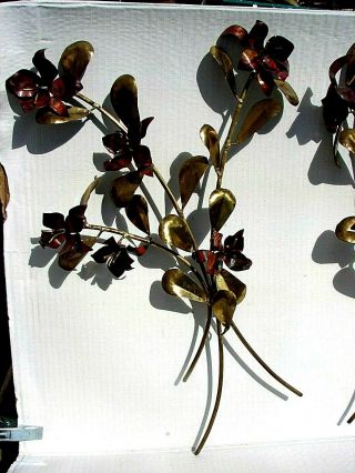 Pair Copper Metal Deep Red Flowers C/ Golden Stemmed Leaf Bouquet Wall Hangings