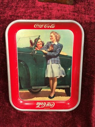 Old 1942 Coca Cola Two Girls Convertible Car Tin Metal Serving Tray Wwii Era