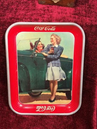 Old 1942 Coca Cola Two Girls Convertible Car Tin Metal Serving Tray WWII era 2