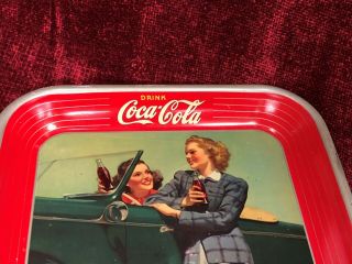 Old 1942 Coca Cola Two Girls Convertible Car Tin Metal Serving Tray WWII era 3