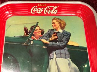 Old 1942 Coca Cola Two Girls Convertible Car Tin Metal Serving Tray WWII era 8