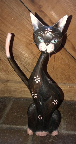 Vintage Mid Century Modern Folk Art Retro Hand Painted Wooden Carved Cat Tall