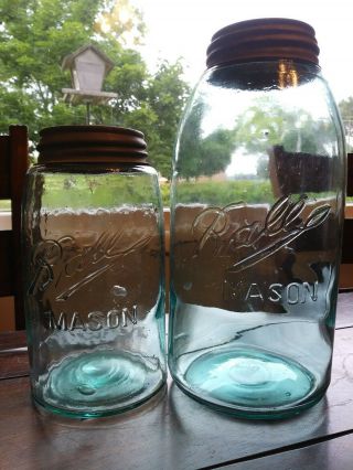 Vintage (2) Ball Mason Jars Blue Glass 1900 - Triple Loop W/zinc Lids 1qt/.  5gal