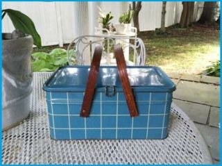 Vintage Blue Tin Metal Picnic Basket Container Oak Handles Mid - Century 1950 
