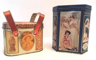 2 Coca - Cola Tin Boxes Drink Of The Year 1993 & Antique Look Double - Handle 1988