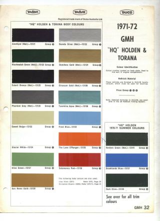1971 - 2 Gmh Hq Holden Lc Lj Torana Colours Dulon Duco Dulux Monaro Kingswood Gtr