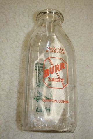 Vintage Square Quart Milk Bottle - Burr Dairy,  Clinton,  Conn.  - Baby Graphic