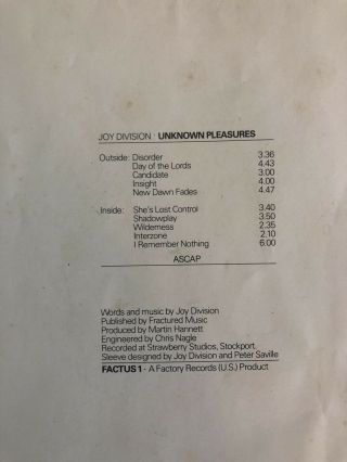 JOY DIVISION Unknown Pleasures Vintage 1980 Vinyl LP Record Factus 1 6