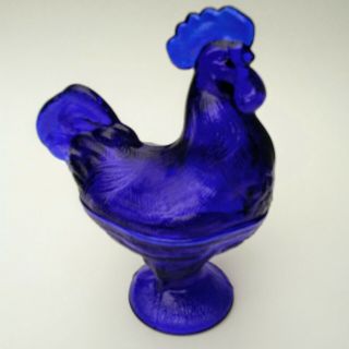 Hen Chicken Rooster Blue Glass Lidded Candy Dish