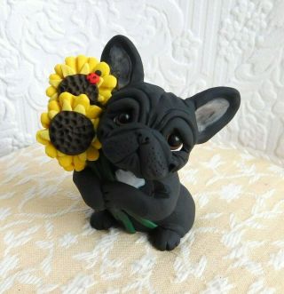 Black W/ White French Bulldog Frenchie W/ Sunflowers Handsculpted Clay Mini Ooak