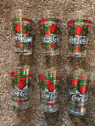 Vintage Coca - Cola Stained Glass Christmas - SIX Glasses Red/Green 2