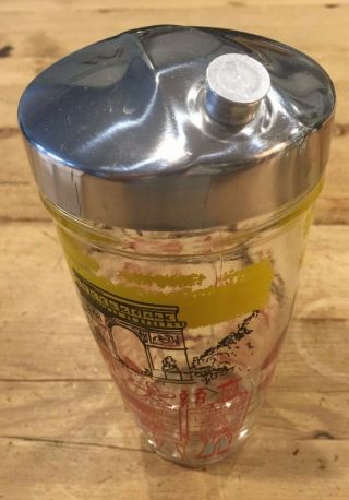 Vintage Mid Century Glass Paris Themed Cocktail Shaker Recipes Barware Man Cave