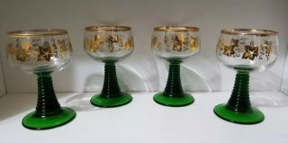 German Roemer Wine Glasses Green Ribbed Stem Gold Grapes Leaves Goblet - Set Of 4