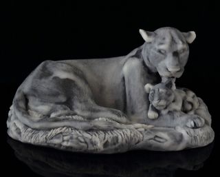 Lioness With Cub Marble Figurine Stone Statue Russian Art Animal Sculpture 4 "
