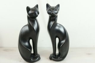 Pr Vintage 60s Mid Century Black Siamese Cat Ceramic Figurine 12 " Tall Standing