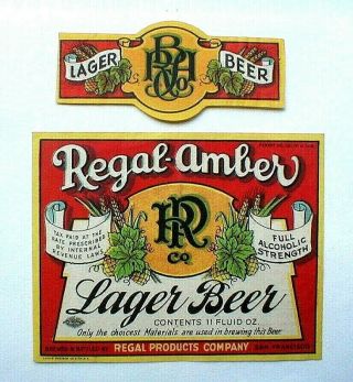 Irtp Regal Amber Lager Beer Bottle Label W - Neck,  Regal Products,  Sf,  Calif.