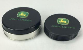Set Of 6 John Deere Plastic And Cork Coasters In Metal Storage Tin