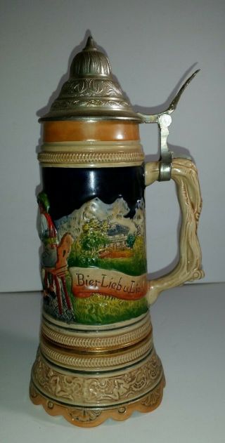 Vintage German Beer Stein With Wind Up Music Box 10 1/2