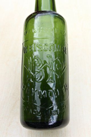 Intage 1920s W.  Biscombe Plymouth Devon Dark Green Glass Ginger Beer Bottle