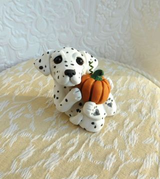 Dalmatian W/ Pumpkin Sculpture Dog Lover Handsculpted Clay Ooak