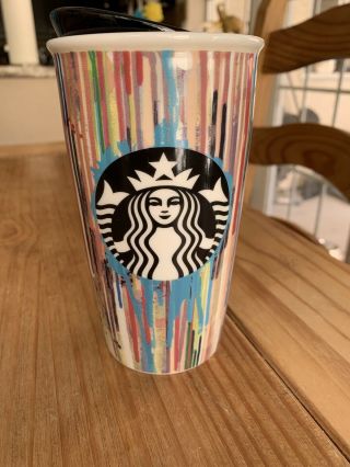 Starbucks Ceramic Travel Mug With Lid 12 Oz Paint Drip Stripe 2015