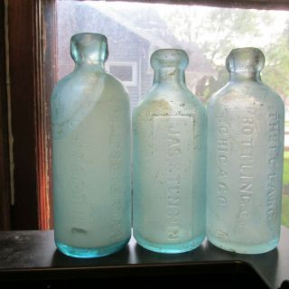 Chicago,  Illinois 3 Diff Hutch Soda Mineral Water Bottles Dempsey & Ryan,  Lang