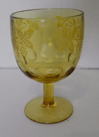 Bartlett Collins Amber Yellow Footed Goblet Thumbprint Etched Grape Leaf Design