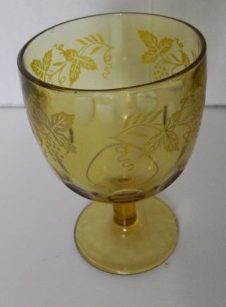 Bartlett Collins Amber Yellow Footed Goblet Thumbprint Etched Grape Leaf Design 2