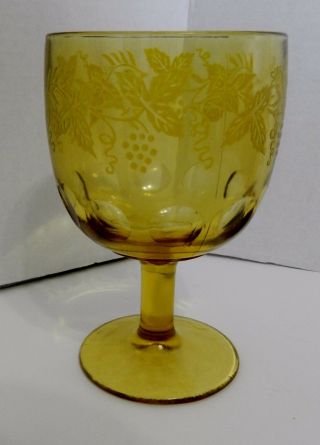 Bartlett Collins Amber Yellow Footed Goblet Thumbprint Etched Grape Leaf Design 3