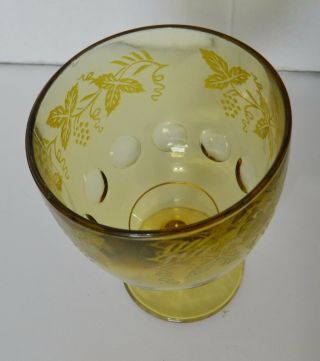 Bartlett Collins Amber Yellow Footed Goblet Thumbprint Etched Grape Leaf Design 5